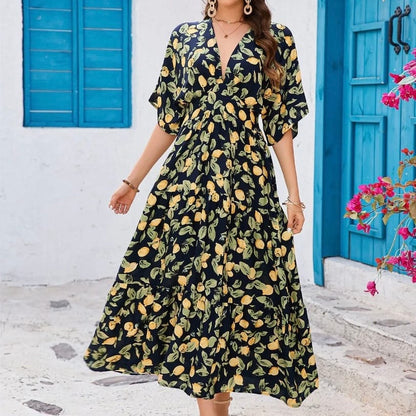 Tiered Lemon Print Vacation Resort Maxi Dress