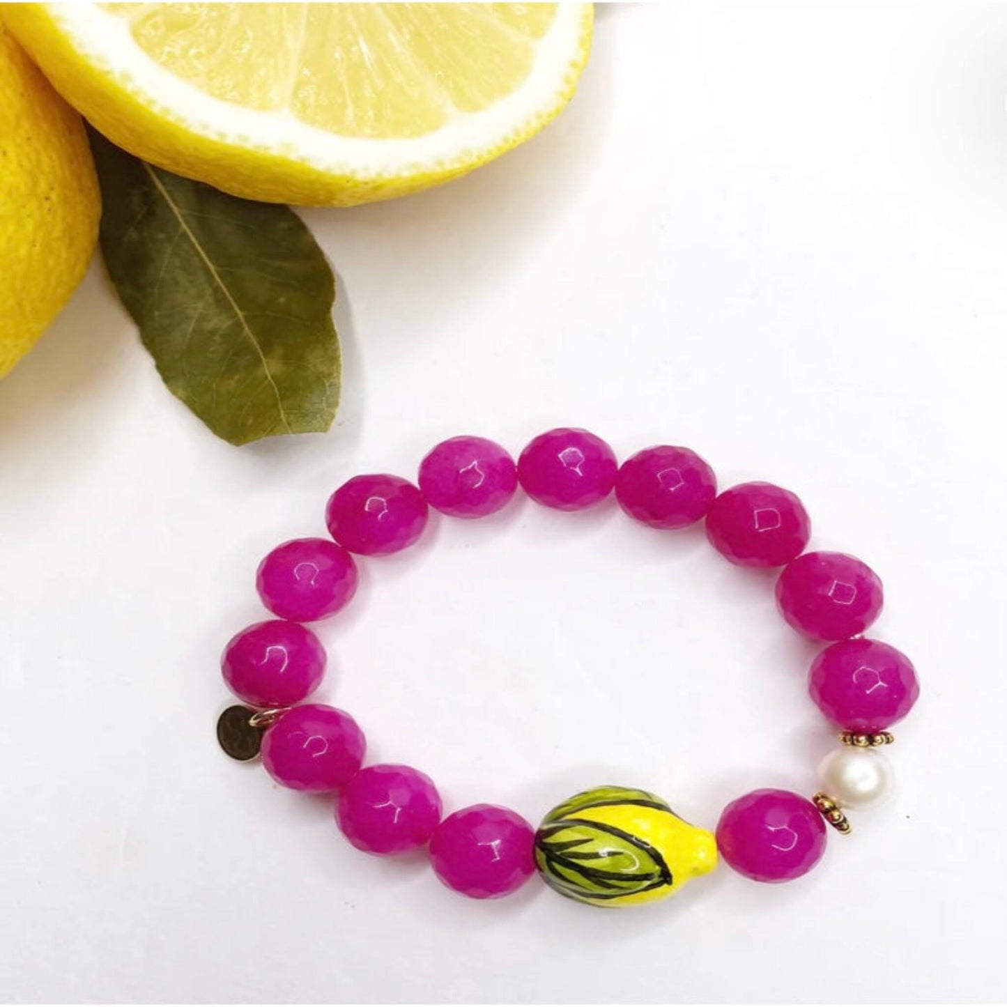 Magenta Jade & Hammered Ceramic Lemon Bracelet