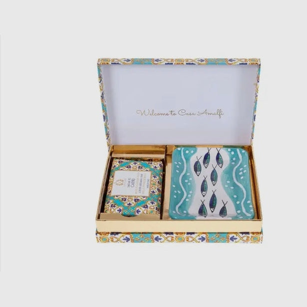 Take Me to Capri Gift Box- Mediterranean inspired Casa Amalfi gift box featuring Capri-inspired luxury soap and artisan soap tray with coastal design 