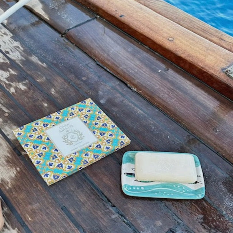 Take Me to Capri Gift Box- Mediterranean inspired Casa Amalfi gift box featuring Capri-inspired luxury soap and artisan soap tray with coastal design 