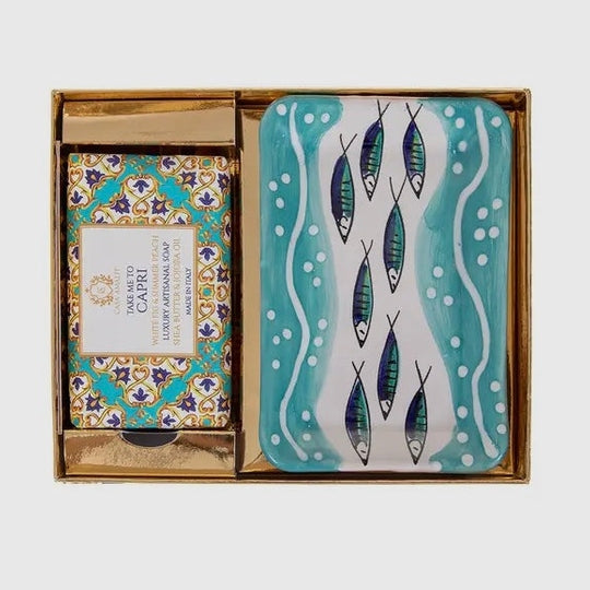 Take Me to Capri Gift Box- Mediterranean inspired Casa Amalfi gift box featuring Capri-inspired luxury soap and artisan soap tray with coastal design 