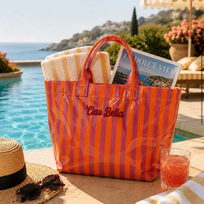 Ciao Bella Striped Pink/Orange Waterproof Tote