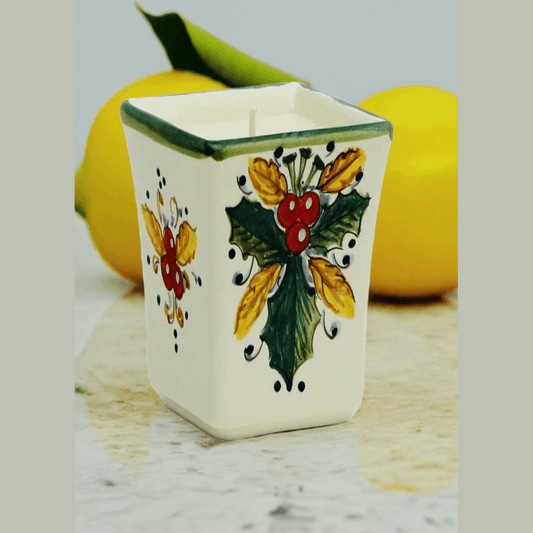 Positano Holly Leaves Candle- hand-poured holiday candle with a festive Positano-inspired design, featuring holly leaves and warm seasonal fragrance 