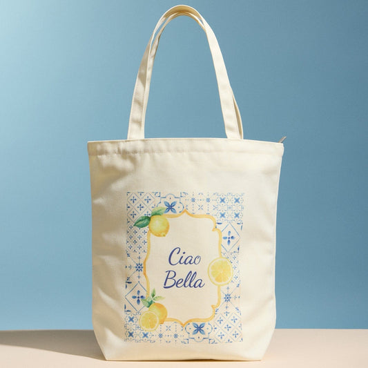 Beige tote bag with 'Ciao Bella' design on a blue background